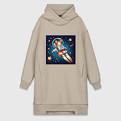 Женское худи-платье Реактивный корги в космосе, цвет: миндальный