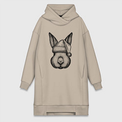 Женское худи-платье Кролик в новогодней шапке, цвет: миндальный