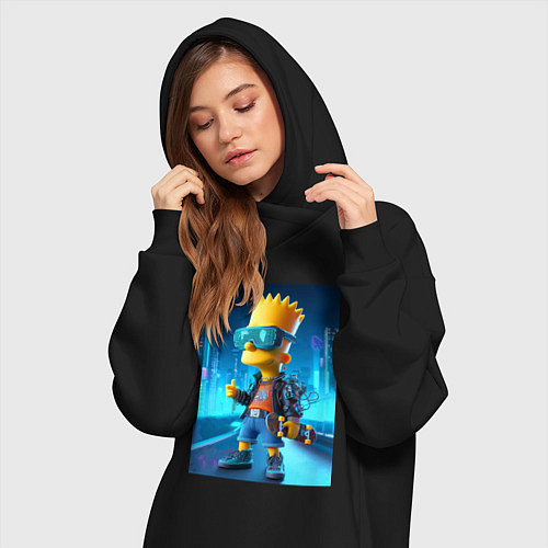 Женская толстовка-платье Барт Симпсон в неоновом городе со скейтбордом - не / Черный – фото 3