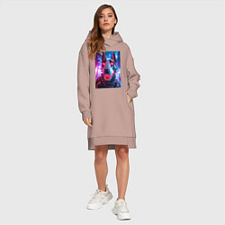 Женское худи-платье Морда кибер бультерьера - неоновое свечение, цвет: пыльно-розовый — фото 2