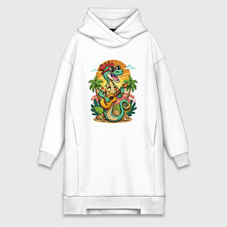 Женское худи-платье Веселая змея играет на гитаре, цвет: белый