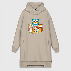 Женское худи-платье Семья сов, цвет: миндальный
