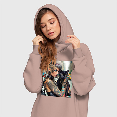 Женская толстовка-платье Девчонка панк в татухах с чёрным котом - нейросеть / Пыльно-розовый – фото 3