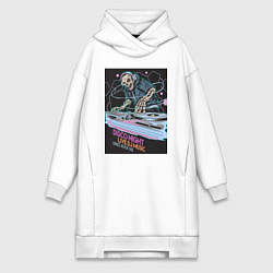 Женское худи-платье Диджей скелет в наушниках, цвет: белый