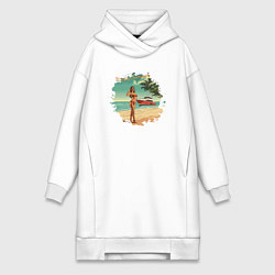 Женское худи-платье Девушка с яхтой на пляже, цвет: белый