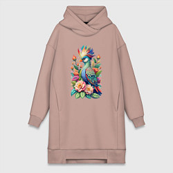 Женское худи-платье Голубая птица с хохолком среди цветов, цвет: пыльно-розовый