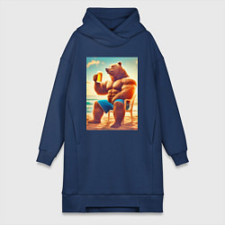 Женское худи-платье Bear bodybuilder with a cup of beer on a beach - a, цвет: тёмно-синий