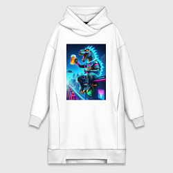 Женское худи-платье Чувак Дино сидит на крыше небоскрёба с кружкой пив, цвет: белый
