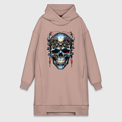 Женское худи-платье Кибер череп - нейроарт фантазия, цвет: пыльно-розовый