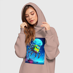 Женское худи-платье Краб Губка Боб в мегаполисе - киберпанк, цвет: пыльно-розовый — фото 2