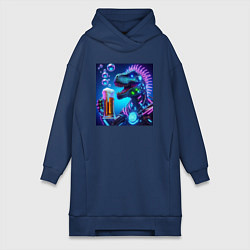 Женское худи-платье Неоновый крутой пивозавр - нейроарт, цвет: тёмно-синий