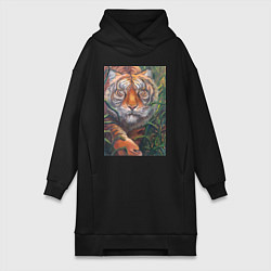 Женское худи-платье Охотящийся тигр, цвет: черный