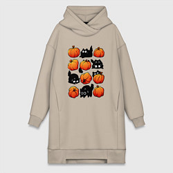 Женское худи-платье Котики и тыквы, цвет: миндальный