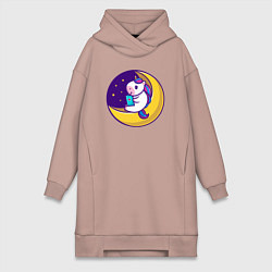 Женское худи-платье Единорог читает на луне, цвет: пыльно-розовый