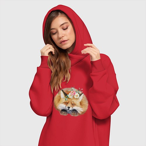 Женская толстовка-платье Милая пушистая лисичка в цветах / Красный – фото 3