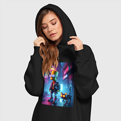 Женское худи-платье Барт Симпсон гуляет с роботом котом в ночном город, цвет: черный — фото 2