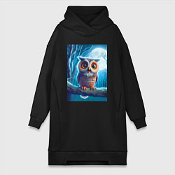 Женское худи-платье Милый совёнок на фоне луны - нейроарт фантазия, цвет: черный