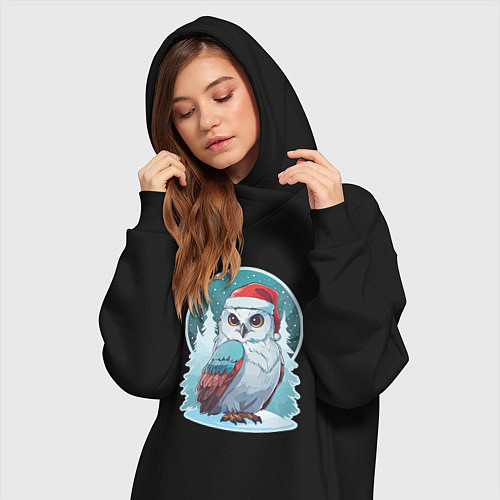 Женская толстовка-платье Полярная сова на фоне зимнего леса / Черный – фото 3