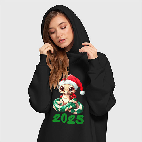 Женская толстовка-платье Милая змейка в новогодней шапочке 2025 / Черный – фото 3