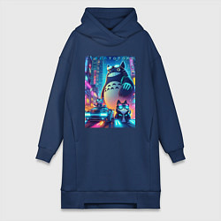 Женское худи-платье Totoro and cats - cyberpunk, цвет: тёмно-синий