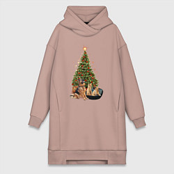 Женская толстовка-платье Домашние животные рядом с новогодней елкой