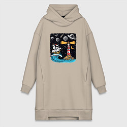 Женское худи-платье Маяк и парусник, цвет: миндальный