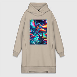 Женское худи-платье Сказочный дракон на планете неоновых грибов, цвет: миндальный