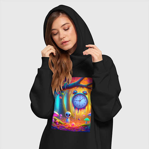 Женская толстовка-платье Психоделический осенний фрагмент с будильником / Черный – фото 3