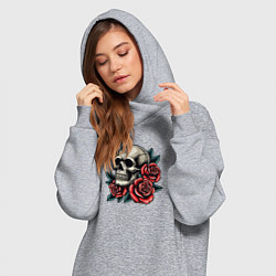 Женское худи-платье Череп с красными розами и листьями, цвет: меланж — фото 2