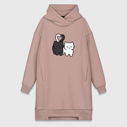 Женское худи-платье Влюбленные котики - черный и белый, цвет: пыльно-розовый
