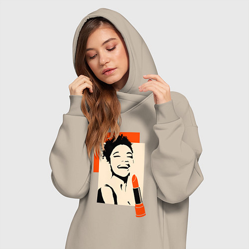 Женская толстовка-платье Девушка с помадой в стиле поп-арт / Миндальный – фото 3