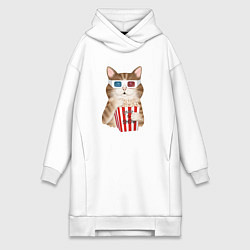 Женское худи-платье Котик киноман в очках 3d, цвет: белый
