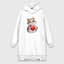 Женская толстовка-платье Серый кот держит сердце в лапах