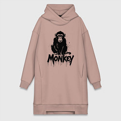 Женское худи-платье Черная обезьяна с надписью, цвет: пыльно-розовый