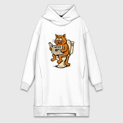 Женское худи-платье Кот на унитазе читает новости, цвет: белый