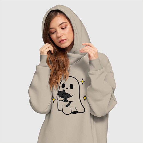 Женская толстовка-платье Призрак с котиком / Миндальный – фото 3