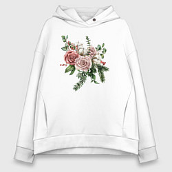Толстовка оверсайз женская Букет роз, цвет: белый
