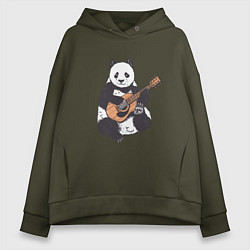 Толстовка оверсайз женская Панда гитарист Panda Guitar, цвет: хаки