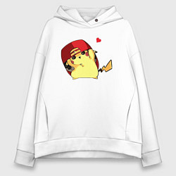 Толстовка оверсайз женская Пикачу под бейсболкой, цвет: белый