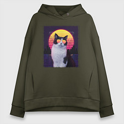 Толстовка оверсайз женская Synthwave cat, цвет: хаки