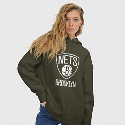 Толстовка оверсайз женская Бруклин Нетс логотип, цвет: хаки — фото 2