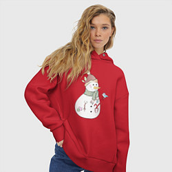 Толстовка оверсайз женская Снеговик с птичкой, цвет: красный — фото 2