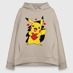 Толстовка оверсайз женская ПИКАЧУ И СЕРДЕЧКО POKENON PIKACHU LOVE, цвет: миндальный