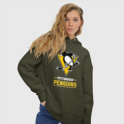 Толстовка оверсайз женская Питтсбург Пингвинз , Pittsburgh Penguins, цвет: хаки — фото 2