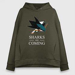 Толстовка оверсайз женская Sharks are coming, Сан-Хосе Шаркс San Jose Sharks, цвет: хаки