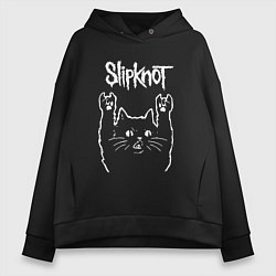 Толстовка оверсайз женская Slipknot, Слипкнот Рок кот, цвет: черный