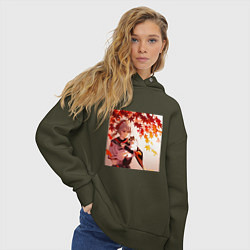 Толстовка оверсайз женская Каэдэхара Кадзуха с котенком Геншин Импакт, цвет: хаки — фото 2