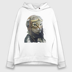 Толстовка оверсайз женская Кот - пилот The pilot Cat, цвет: белый