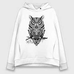 Толстовка оверсайз женская Черная сова в узорах, цвет: белый