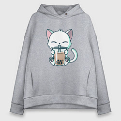 Толстовка оверсайз женская Котик с бабл ти, цвет: меланж